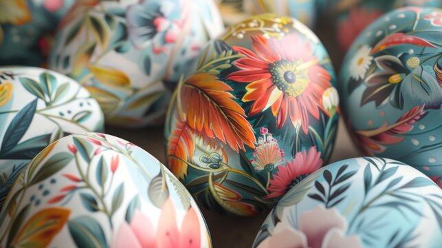 A close-up image showcasing the intricate detail of a richly decorated, hand-painted floral egg
