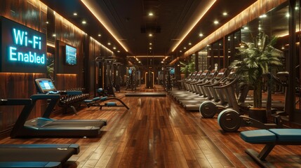 A fitness center with icons on the walls, allowing members to stream music or fitness classes on their devices while working out, adding to the convenience and enjoyment of their exercise routine