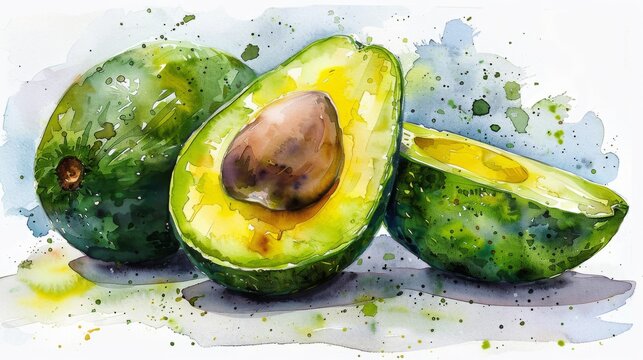 A realistic watercolor painting of ripe avocados on a plain white background.
