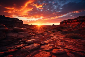 Sunset over rocky desert creates stunning atmosphere in natural landscape