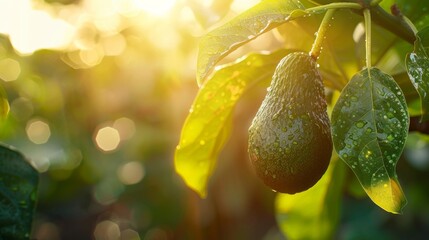 Ripe avocado hanging from a tree, basking in sunlight. - Powered by Adobe