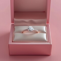 Isolated open box with engagement ring on pink background, top side view, distant shot.