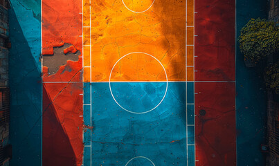  Aerial Close-up of Cracked Multicolored Basketball Court, Urban Texture