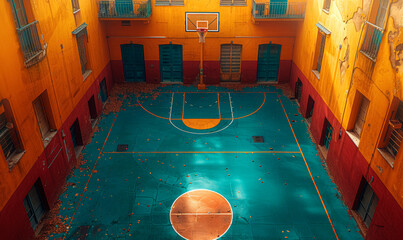 Enclosed Basketball Court with Orange Walls and Blue Floor, Urban Surroundings