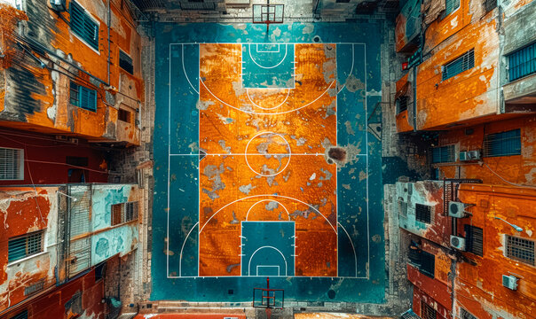 Weathered Basketball Court Amongst Vibrant Orange Residential Buildings