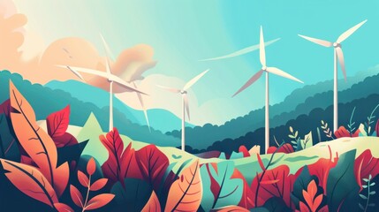 An imaginative depiction of ecological harmony, featuring stylized wind turbines