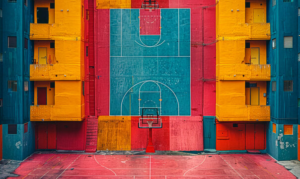  Basketball Court with Blue Floor and Contrasting Yellow and Red Building Facades