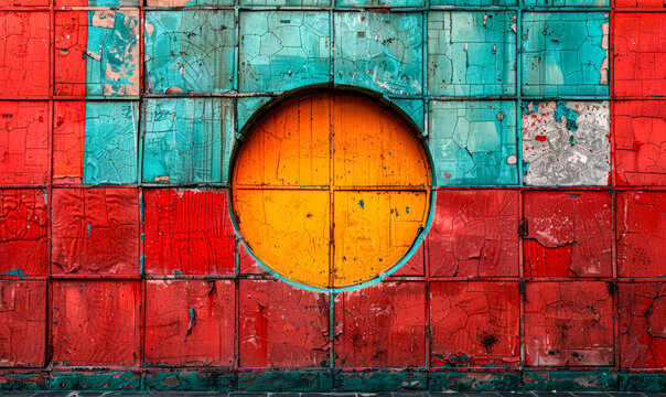 Textured Wall with Circular Basketball Hoop Design in Red, Blue, and Yellow