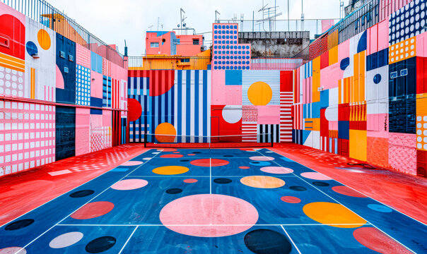  Colorful Pop Art Basketball Court with Geometric Shapes and Patterns