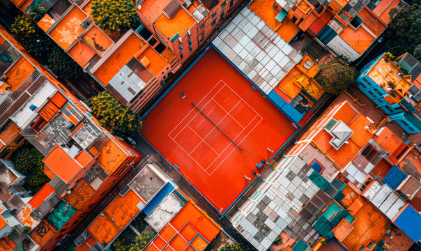 Aerial View of Vibrant Red Tennis Court in Colorful Urban Residential Area
