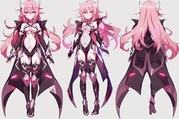 Sticker Girl anime hero in full growth. Three characters with pink hair and long locks, distinct in their anime style, standing side by side.