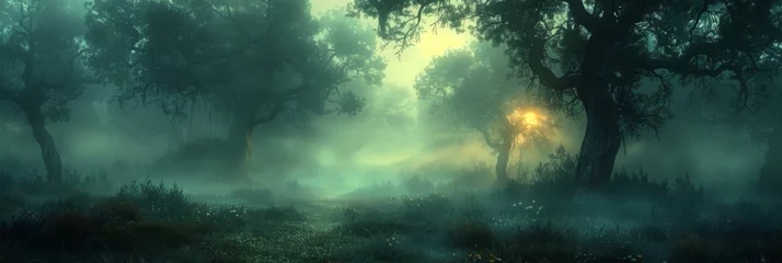 Foto op Plexiglas The edge of an eerily dark forest with creeping fog. © artdolgov