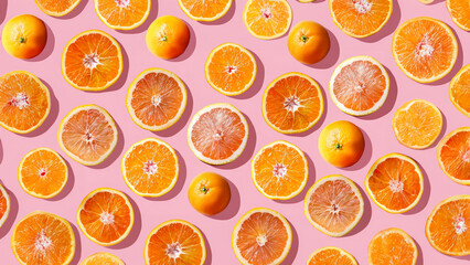 Slice of Oranges fruit patterns with shadow on bright pink color background. Pop art design, creative citruses, Minimal summer concept