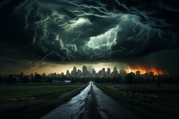 A road under stormy sky with lightning, leading to a city