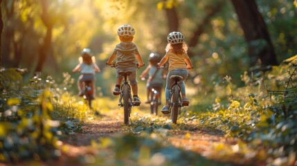 A group of kids on a bicycle tour through a picturesque park, enjoying the freedom and adventure that comes with exploring new paths during their summer break 