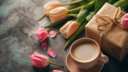Happy Mother's Day greeting card. Breakfast with coffee, flowers and a gift for mom