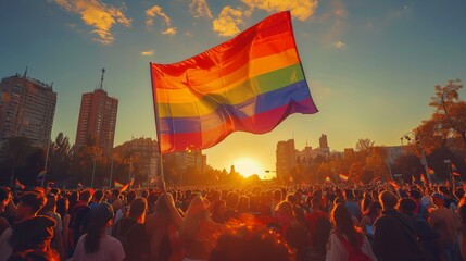 Waving LGBT flag against the background of the crowd - obrazy, fototapety, plakaty