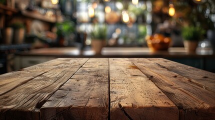 A grunge, weathered wooden table top offering ample copy space, set against the blurred warmth of a home kitchen background. The rustic charm of the table invites a sense of authenticity and nostalgia