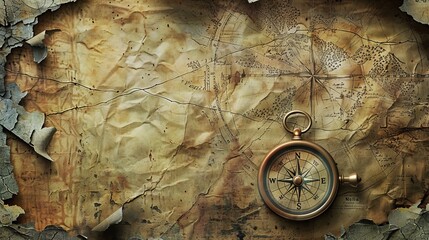 A weathered treasure map unfurls against the backdrop of an intricate compass - obrazy, fototapety, plakaty