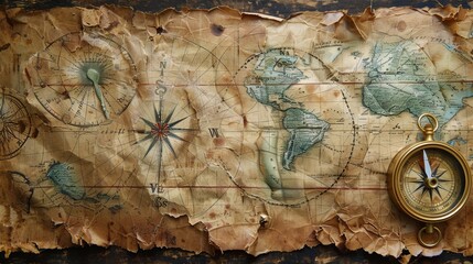 Fototapeta na wymiar A weathered treasure map unfurls against the backdrop of an intricate compass