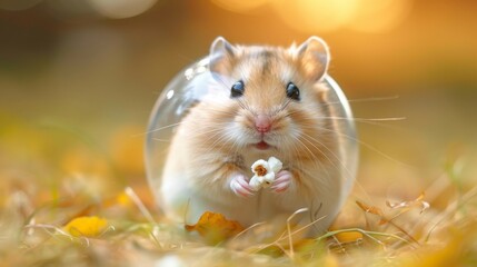 A hamster out of its cage, rolling around the house in a clear exercise ball, navigating between furniture legs and pausing to nibble on a found piece of popcorn, enjoying its little adventure