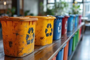 Colorful recycling bins stand in a row promoting environmental sustainability and waste sorting