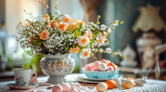 Warm sunlight filters through a window onto a rustic setting with daisies in a vase and painted Easter eggs