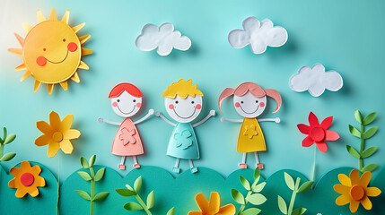 Illustration made with paper, happy smiling children, ai