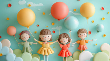 Illustration made with paper, happy smiling children, ai