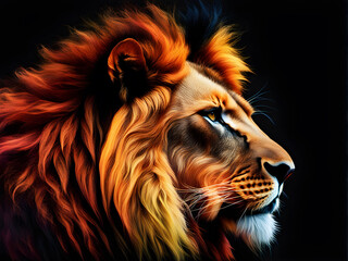 Naklejka premium The head of a lion in a multi-colored flame on a black background. Generative Ai