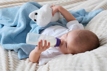 A child drinks milk from a baby bottle. The white lamb cuddles the toy. Baby girl, top view, in...