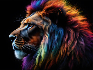 The head of a lion in a multi-colored flame on a black background. Generative Ai