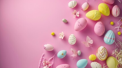 Easter composition with decorative eggs among paper butterflies and flowers against a soft blue backdrop