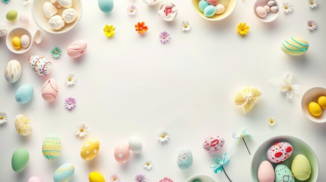 A bright and inviting Easter setup with painted eggs, candies, and flowers on an off-white surface