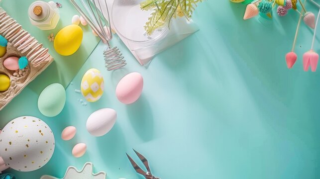 A creative and engaging Easter image of eggs ready for painting surrounded by spring flowers on a soothing teal background