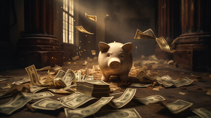 Broken piggy bank and money. Money saving - obrazy, fototapety, plakaty