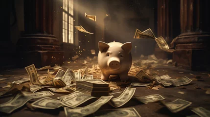 Fotobehang Broken piggy bank and money. Money saving © Anthichada
