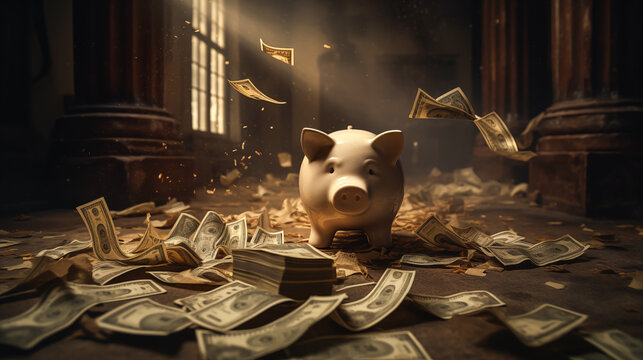 Broken piggy bank and money. Money saving