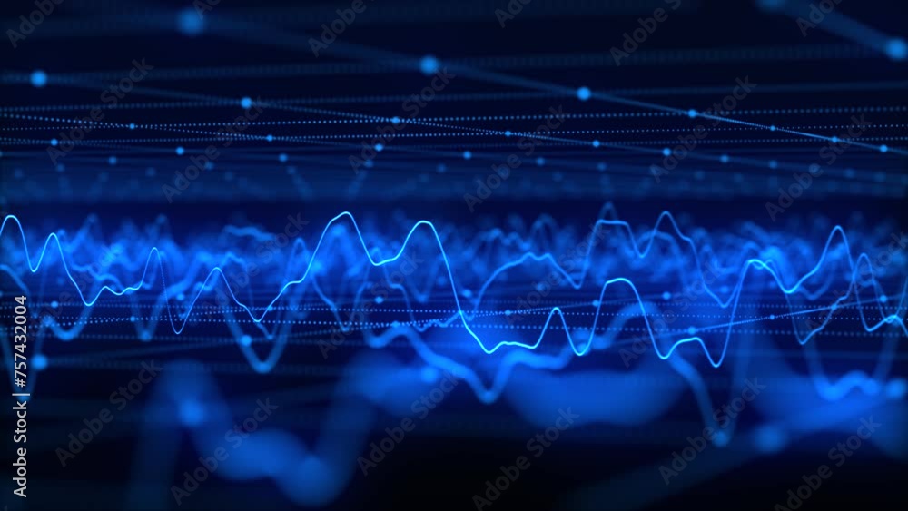 Poster wave of particles. futuristic pattern of dots and lines on a dark background. visualization of sound
