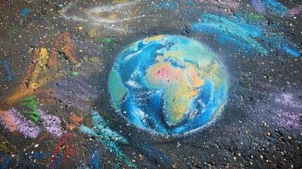A heartwarming closeup of the Earth, artistically drawn with chalk on a street wall