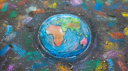 A heartwarming closeup of the Earth, artistically drawn with chalk on a street wall