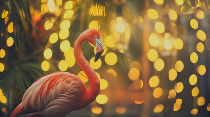 Flamingo isolado no fundo amarelo com luzes desfocadas - Papel de parede - obrazy, fototapety, plakaty