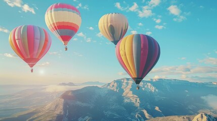 Obraz premium A breathtaking view of vibrant hot-air balloons soaring over picturesque mountains