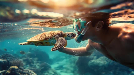 Poster Young man snorkeling with sea turtle underwater in the ocean. Snorkeling concept  © Petrova-Apostolova