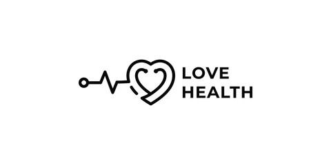 Creative Love Health Logo. Stethoscope and Love, Heart Pulse with Linear Outline Style. Health Care Logo Icon Symbol Vector Design Template.