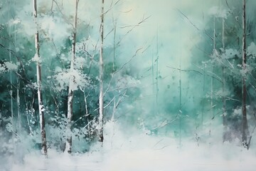Dreamy acrylic painting depicting a serene winter forest scene with delicate pastel colors and birch trees
