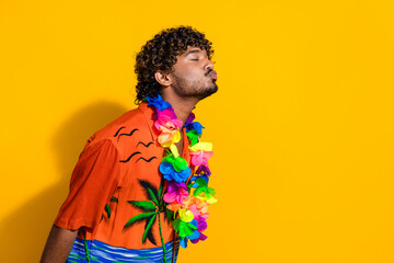 Side profile photo of positive guy with afro hairdo wear hawaii flower necklace kissing empty space...