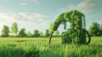 An imaginative representation of green energy, with lush grass meticulously grown into the form of a fuel pump