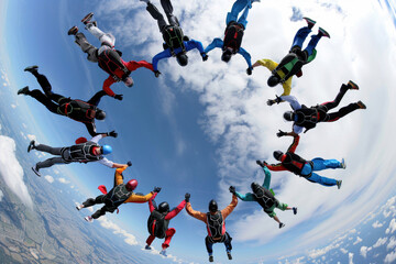 Group of skydivers in freefall, forming a circle by holding hands