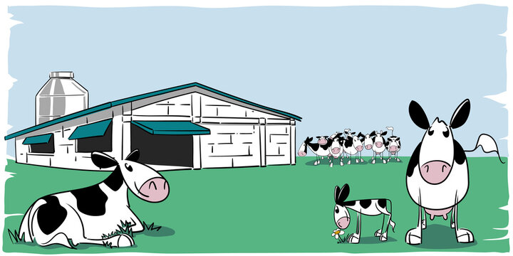 Herd of farm animals dairy cows and calf holstein breed in humoristic illustration in a meadow grazing walking and looking towards the observer on isolated illustration